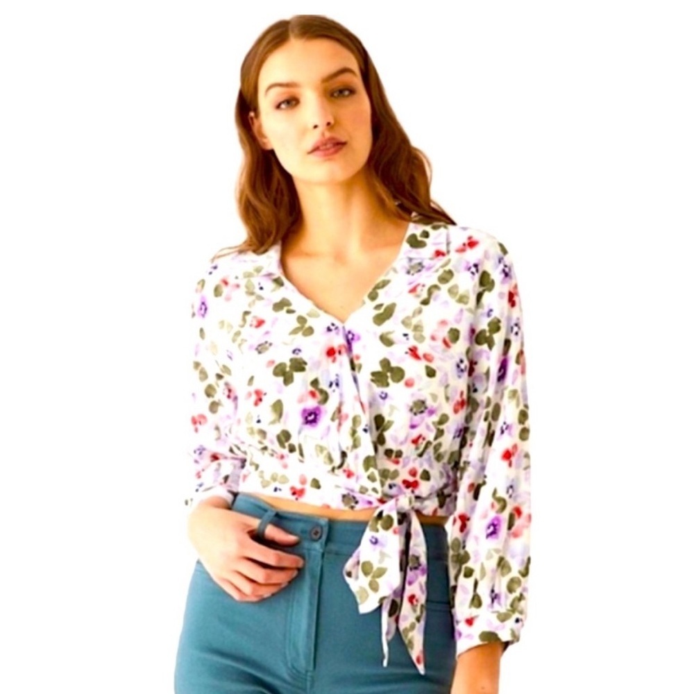 Frank & Oak Floral Tie-Front Blouse - White and Purple, green - size small - Picture 2 of 13